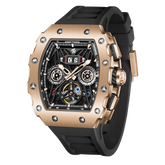 REEF TIGER RGA3009 Rose Gold Men Skeleton Automatic Tonneau Wristwatch - Multifunctional Date Luminous Waterproof Watch